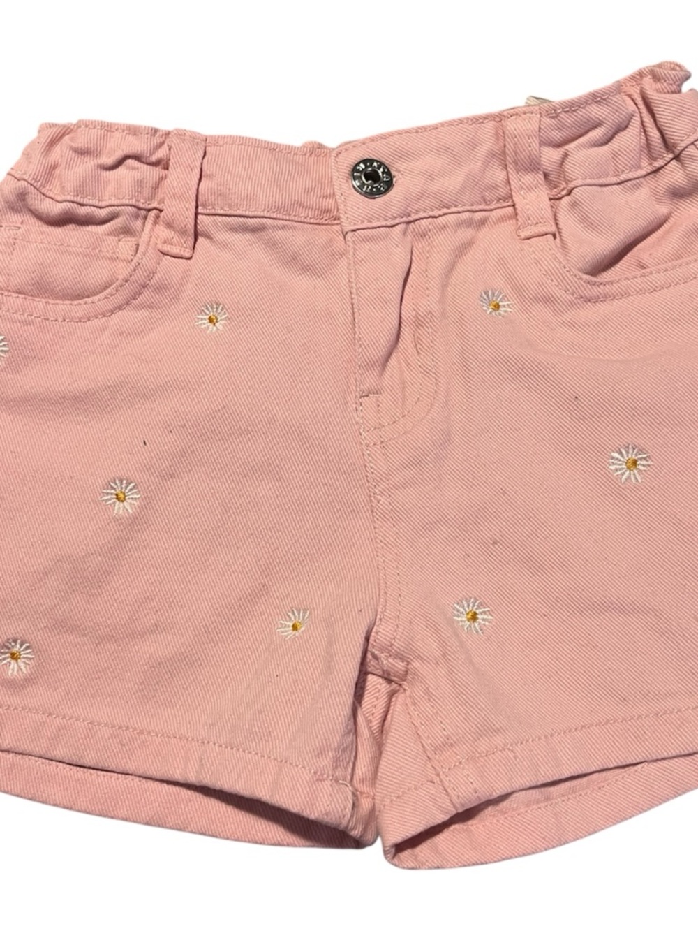 Girls Pink Daisy Embroidered Cotton Shorts — Stretch Waist
